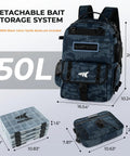 BaitSpace 50L Fishing Tackle Backpack With Removable Bait Binder And Four Tackle Boxes, Two Rod Holders, Blue Camo Gear Carrier