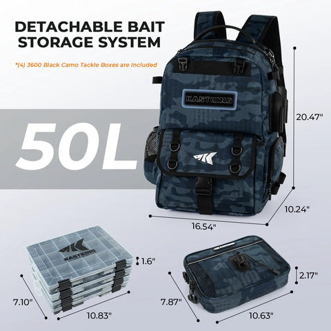 BaitSpace 50L Fishing Tackle Backpack With Removable Bait Binder And Four Tackle Boxes, Two Rod Holders, Blue Camo Gear Carrier