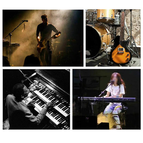 Musicians performing live with guitars, drums, and keyboards highlighting Universal Sustain Pedal For Yamaha Casio MIDI Roland Digital Keyboards And Pianos With Polarity Switch Six Foot Cable And Quarter Inch Jack Built Like A Tank For Studio And Stage.