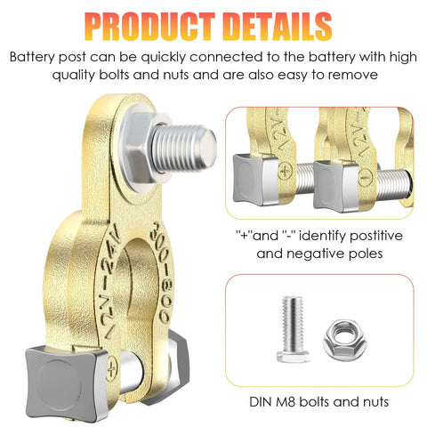 Heavy Duty Battery Terminal Clamps With Pure Copper Ends And Anti Corrosion Pads M8 Bolt Top Post Style For Car Truck Boat Marine RV And Other Vehicles Durable Electrical Connectors 1 Pair