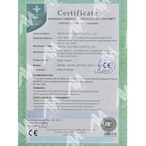 CE certification for Beefed Up Prusik Cord With Pre Sewn Loop 10mm Climbing Rope Eye To Eye Double Braid 2 Pack