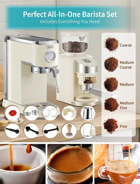 Top Tier 20 Bar Espresso Machine With Precision Burr Grinder And Full Steam Wand For Shop Style Lattes and coffees.