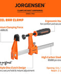 Jorgensen 4-pack steel bar clamps set with 6in and 12in F-clamps, orange handles and metal bars