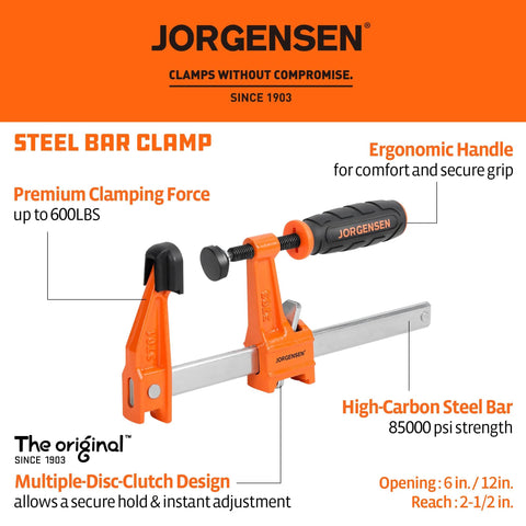 Jorgensen 4-pack steel bar clamps set with 6in and 12in F-clamps, orange handles and metal bars