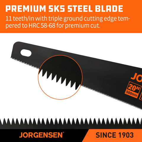 Close-up of 20 Inch Black Coated Pro Grade Hand Saw blade with 11 TPI, focusing on triple ground SK5 steel teeth for precise cutting.