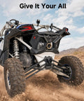 X3 Rear Radius Arms For Can Am X3 And X3 Max 72 Inch Durable Upgrade With Box Section Tubing And One Eighth Inch Wall Four Times Stronger Than Stock Adjustable Bushings For Precise Drifts And Smooth Handling, rear view on off-road UTV