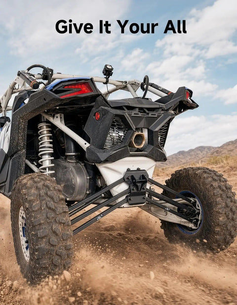 X3 Rear Radius Arms For Can Am X3 And X3 Max 72 Inch Durable Upgrade With Box Section Tubing And One Eighth Inch Wall Four Times Stronger Than Stock Adjustable Bushings For Precise Drifts And Smooth Handling, rear view on off-road UTV