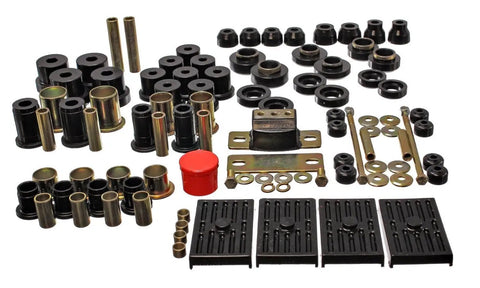 Heavy Duty Chevrolet Camaro Polyurethane Suspension Bushing Replacement Kit In Standard Black displayed with various bushings and parts.