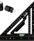 Pro Shop Grade Four Point Five Inch Aluminum Rafter Square With Built In Level And Tough Woodworking Triangle Ruler showcasing precise laser etch marks.