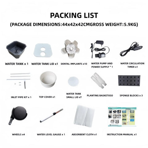 Hydroponic Growing System Kit With Aeroponic Tower 50 Hole Vertical Garden packing list overview, displaying included components.