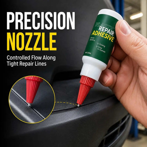 High Strength Auto Bumper Repair Adhesive Quick Cure Formula with precision nozzle for controlled application on tight repair lines.