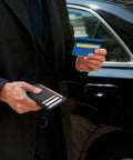 Man holding Ultra Slim Front Pocket Wallet For Men, RFID Blocking Credit Card Holder, Minimalist Sleek Travel ID Card Case in one hand.