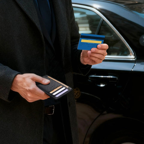 Man holding Ultra Slim Front Pocket Wallet For Men, RFID Blocking Credit Card Holder, Minimalist Sleek Travel ID Card Case in one hand.