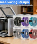 Six Pack 3D Printing Filament Storage Boxes With Thick Silicone Seal Dustproof Portable Organizer holding 1.75mm filament spools next to 3D printer
