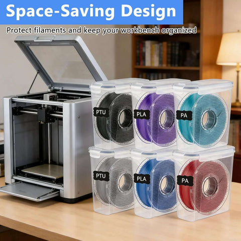 Six Pack 3D Printing Filament Storage Boxes With Thick Silicone Seal Dustproof Portable Organizer holding 1.75mm filament spools next to 3D printer