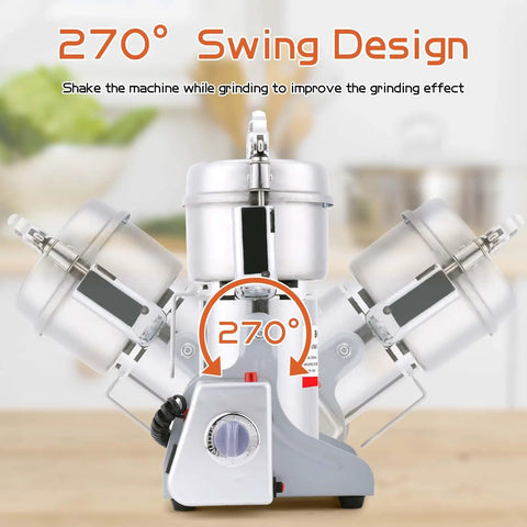 Heavy Duty 1800W Electric Grain Mill Grinder With 36000 Rpm High Speed Motor And 800g Stainless Steel Capacity showcasing 270° swing design for efficient grinding.