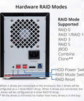 Back view of Heavy Duty 5 Bay External Hard Drive Enclosure in Sleek Black showcasing RAID modes and ports.