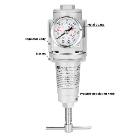 Half Inch NPT High Pressure Air Regulator With T Handle, 0-300 Psi Gauge, Metal Bracket, Built Tough For Heavy Duty Air Systems