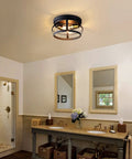 Dope Industrial Semi Flush Mount 3 Light Ceiling Fixture In Black Rustic Metal Farmhouse Chandelier in bathroom setting.