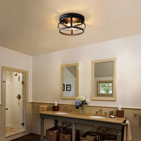 Dope Industrial Semi Flush Mount 3 Light Ceiling Fixture In Black Rustic Metal Farmhouse Chandelier in bathroom setting.