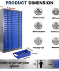 100-Drawer Nut And Bolt Organizer With Stainless Steel Frame, ABS Bins, Shelves And Labels, 46 inch high with dimensions shown