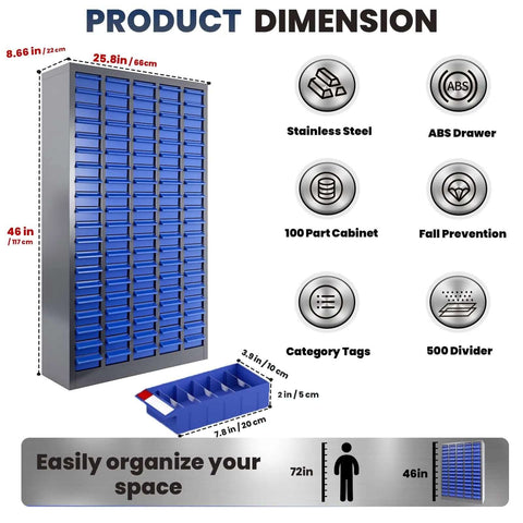 100-Drawer Nut And Bolt Organizer With Stainless Steel Frame, ABS Bins, Shelves And Labels, 46 inch high with dimensions shown