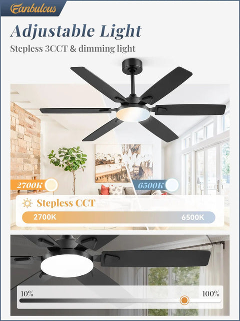 52 Inch Indoor Outdoor Ceiling Fan With Lights showing dimming and CCT range for living room or bedroom.