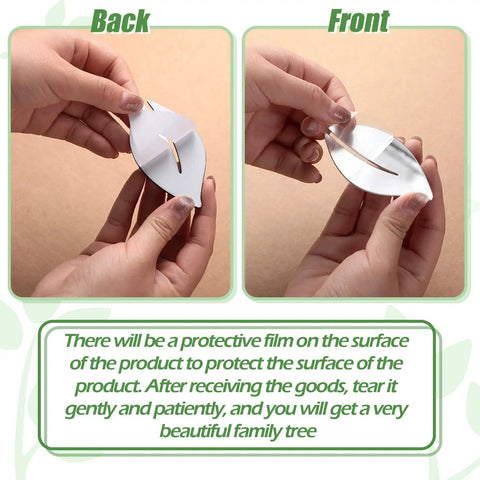 Person holding the front and back of leaf piece for Family Tree Wall Decor 3D Mirror Sticker Kit With Photo Frames And Acrylic Tree Decal Removable Wall Art This Is Us Quote For Living Room Kitchen And Dining 47 By 47 Inches.