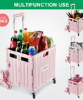 Foldable Utility Cart With Stair Climbing Wheels Telescoping Handle And Collapsible Rolling Trolley Pink For Grocery Shopping Storage