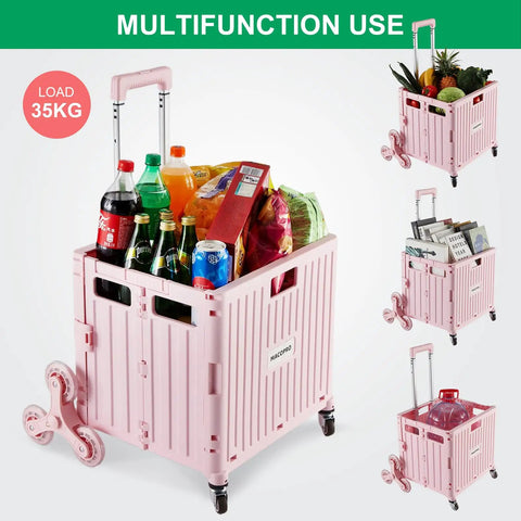 Foldable Utility Cart With Stair Climbing Wheels Telescoping Handle And Collapsible Rolling Trolley Pink For Grocery Shopping Storage