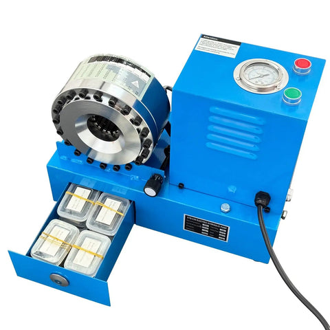 Plug And Play Electric Hydraulic Hose Crimper With 8 Precision Dies For 6 To 28mm Rubber And Steel Lines Portable 110V showing die storage.