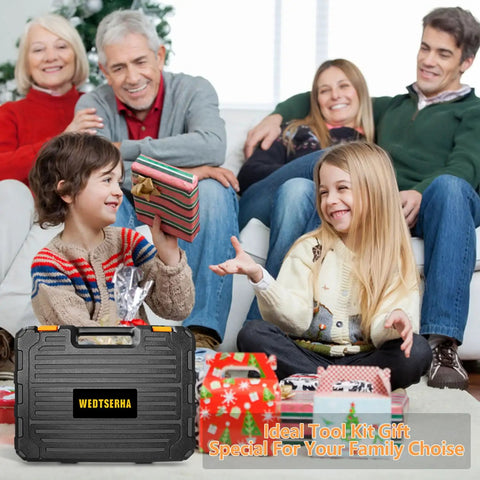 Heavy Duty Ninety Five Piece Tool Kit With Cordless Power Drill And Slick Portable Case, family gathering with kids opening gifts.