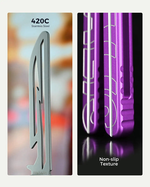 Lightning Washer System Butterfly Balisong Trainer with 6061 aluminum purple handle and 420C stainless steel detail