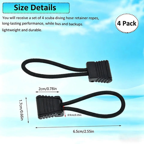 Size details of 4 Pack Diving Hose Holder Clips For Scuba Gear, durable bungee cord, shock cord tie down strap, black color