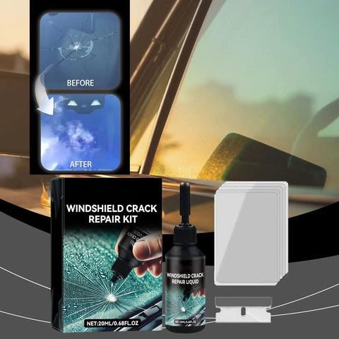 Two Pack Windshield Crack Repair Kit With 2025 Glass Repair Liquid For Small Cracks Chips And Star Shaped Damage Quick Easy At Home DIY Fix Long Lasting Bond Clear Finish shown with repair liquid, applicator, and windshield before after results.