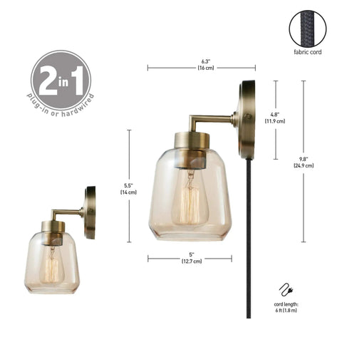 Dope 1 Light Plug In Or Hardwire Wall Sconce In Matte Brass With Smoked Amber Glass Shade And Black Fabric Cord In Line On Off Switch