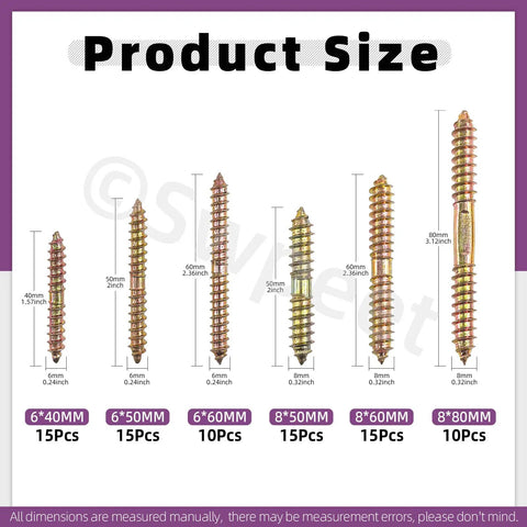 Straight Up Built Tough Double Ended Screws Assortment Kit Featuring Zinc Plated Hanger Bolts For Furniture And Woodworking Assembly In Six Handy M6 M8 Sizes detailed view of sizes 40mm to 80mm