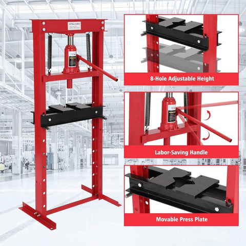 12 Ton Hydraulic Shop Press H Frame Floor Press For Auto Body, Metalworking And DIY Projects, Industrial Grade Stability With Reinforced Carbon Steel Frame, Powder Coated Finish, Heavy Duty Bench And Floor Mount; red H-frame with 8-hole height adjustment