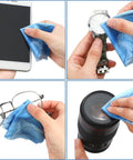 Hands using 20 Pack Microfiber Cleaning Cloths Set for Eyeglasses, Camera Lenses, and Phone Screens, Marble Design Soft Wipes