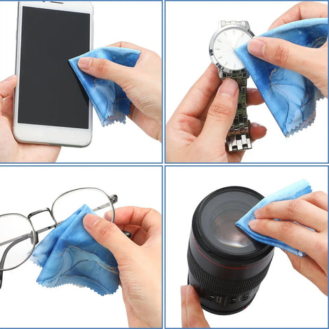 Hands using 20 Pack Microfiber Cleaning Cloths Set for Eyeglasses, Camera Lenses, and Phone Screens, Marble Design Soft Wipes