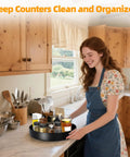Woman using Heavy Duty 12 Inch Metal Lazy Susan Organizer With 360 Degree Spin Anti Rust Turntable for kitchen storage.