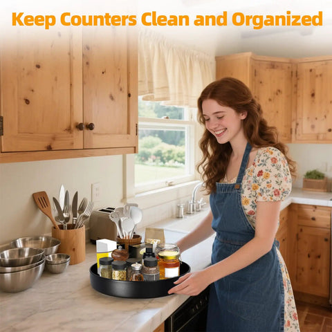 Woman using Heavy Duty 12 Inch Metal Lazy Susan Organizer With 360 Degree Spin Anti Rust Turntable for kitchen storage.