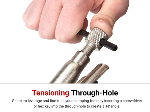 Using tensioning through-hole on Six Inch Long Nose Locking Pliers With Deep Teeth For Small Hex, Round, And Square Fasteners.
