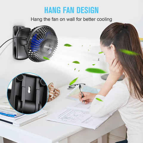 USB Clip On Desk Fan With Sturdy Clamp Tiny But Mighty Portable Personal Fan mounted on wall near desk for cooling