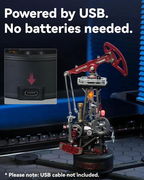 Industrial City Series 3D Puzzle Oil Pump Jack Dope Motorized Model With LED Lighting Three And A Half Hour Build Time Modular Assembly Kit For Adults And Teens Realistic Crank Driven Motion And Snappy Display; USB powered pump jack model