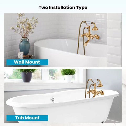 Clawfoot Tub Faucet Set With Handheld Shower, Victorian Double Cross Handles, wall and tub mounted, Antique Brass Finish