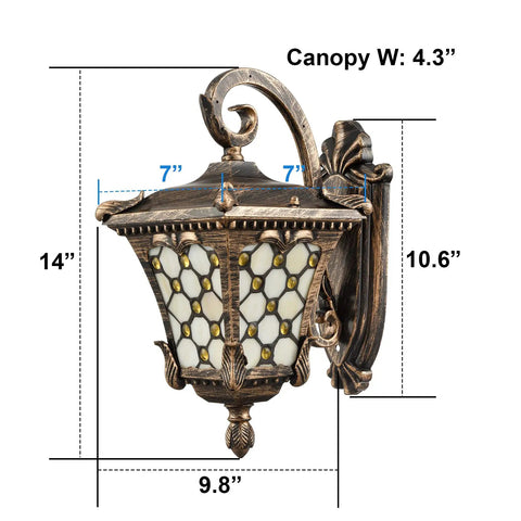 Outdoor Wall Lantern With Tiffany Glass Shade, Weatherproof Die Cast Aluminum, Rust Resistant, Black And Brushed Brass Finish