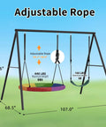 Heavy Duty Swing Set Frame With Stand For Backyard Fun 440 Lb Capacity 3 In 1 Swing Set With Saucer Swing And Belt Swing Adjustable Height For Kids Teens And Outdoor Play, shown with dimensions