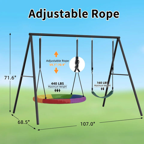 Heavy Duty Swing Set Frame With Stand For Backyard Fun 440 Lb Capacity 3 In 1 Swing Set With Saucer Swing And Belt Swing Adjustable Height For Kids Teens And Outdoor Play, shown with dimensions