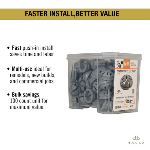 3/8 To 1/2 Inch Knockout Non-Metallic Push-In Connector Gray 100 Pack Model 75105B box with connectors